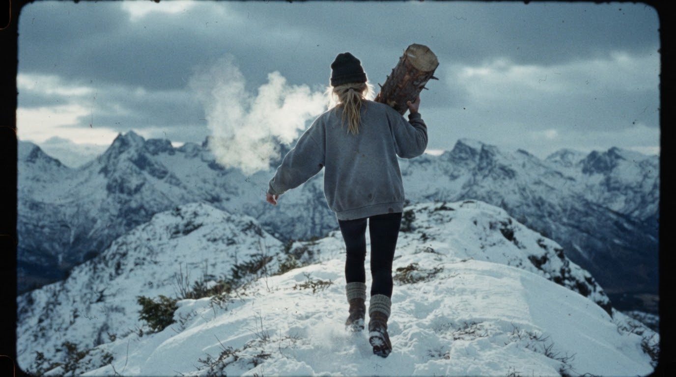 Trine løper oppover en snødekt fjellrygg med en furustamme på skulderen, sett bakfra, i grålysning