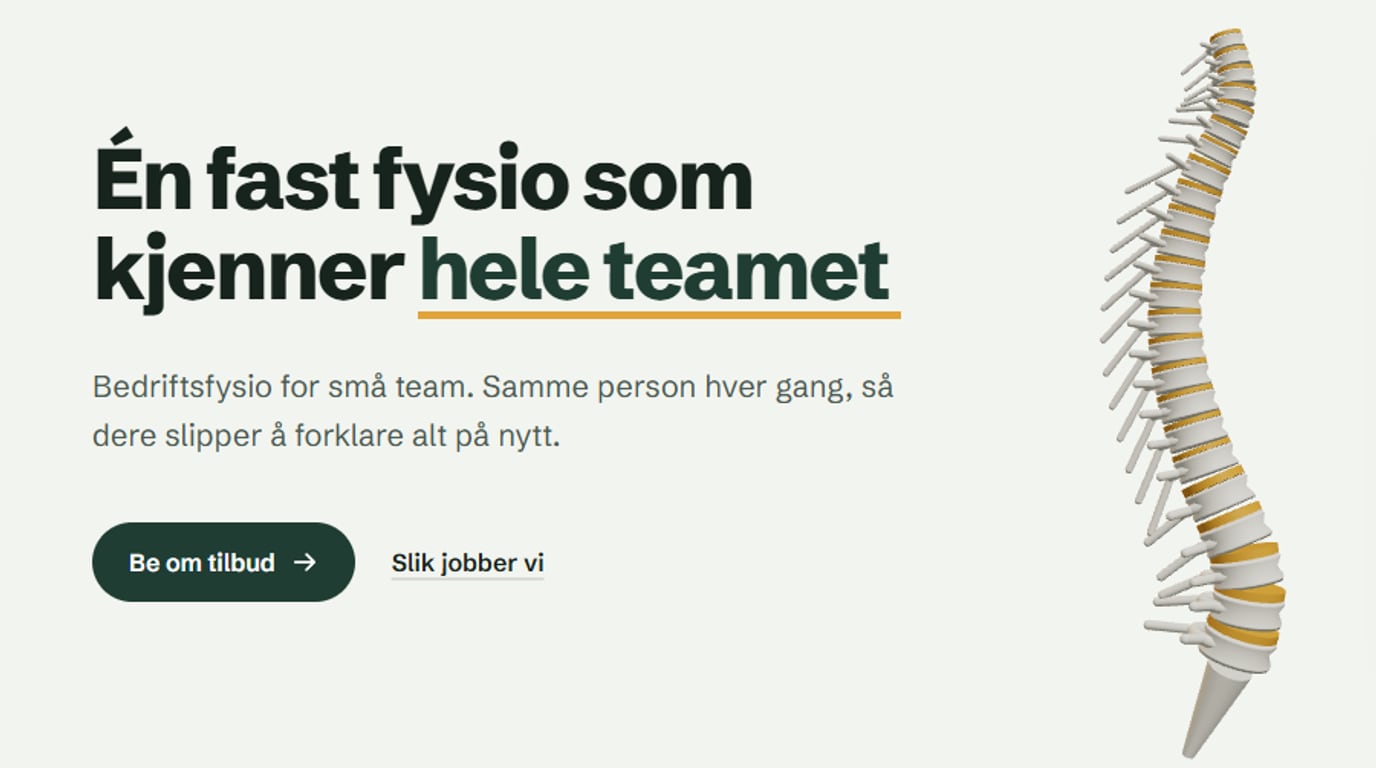 Forsiden til Ryggrad med en 3D-modell av en ryggrad ved siden av profilkortet til fysioterapeuten